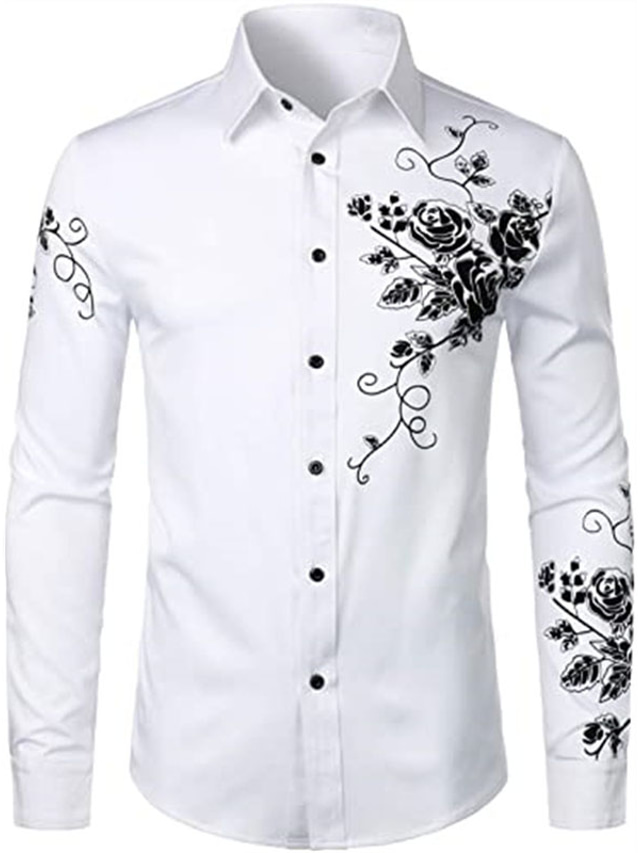  Men's Shirt Floral Turndown Party Daily Button-Down Long Sleeve Tops Casual Fashion Comfortable White Black Blue