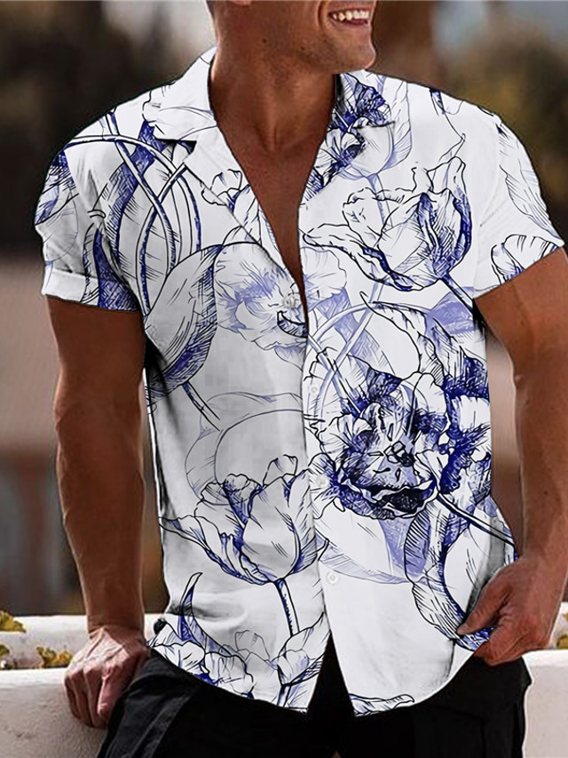  Men's Shirt Summer Shirt Floral Graphic Turndown Black-White White Blue Green Print Outdoor Street Short Sleeve Print Button-Down Clothing Apparel Fashion Designer Casual Breathable