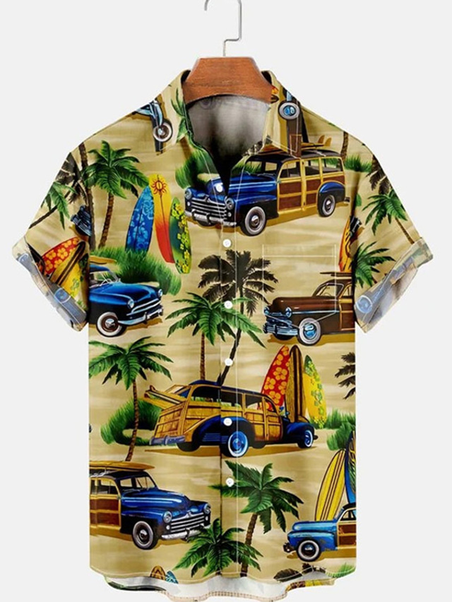  Men's Shirt Graphic Shirt Aloha Shirt Summer Shirt Car Coconut Tree Turndown Yellow 3D Print Street Daily Short Sleeve 3D Button-Down Clothing Apparel Fashion Designer Casual Breathable
