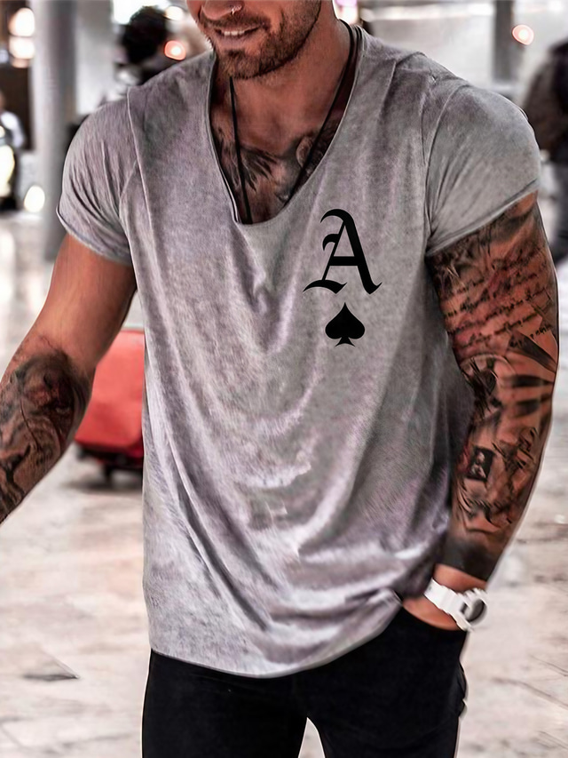  Men's Unisex T shirt Tee Hot Stamping Graphic Prints Poker Letter V Neck Street Daily Print Short Sleeve Tops Designer Casual Big and Tall Sports Gray / Summer / Summer