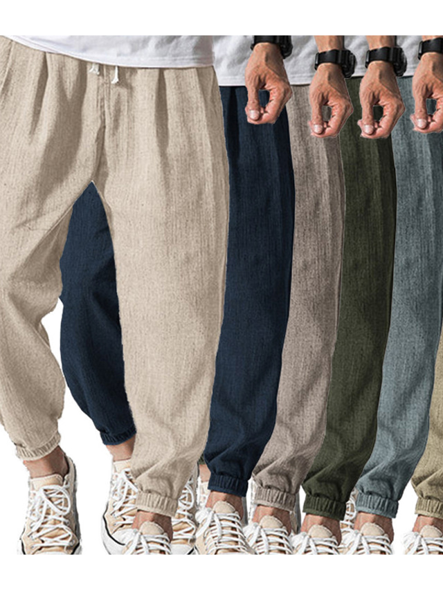  Men's Joggers Linen Pants Trousers Drawstring Elastic Waist Front Pocket Solid Color Comfort Soft Casual Daily Fashion Designer Black Blue / Elasticity