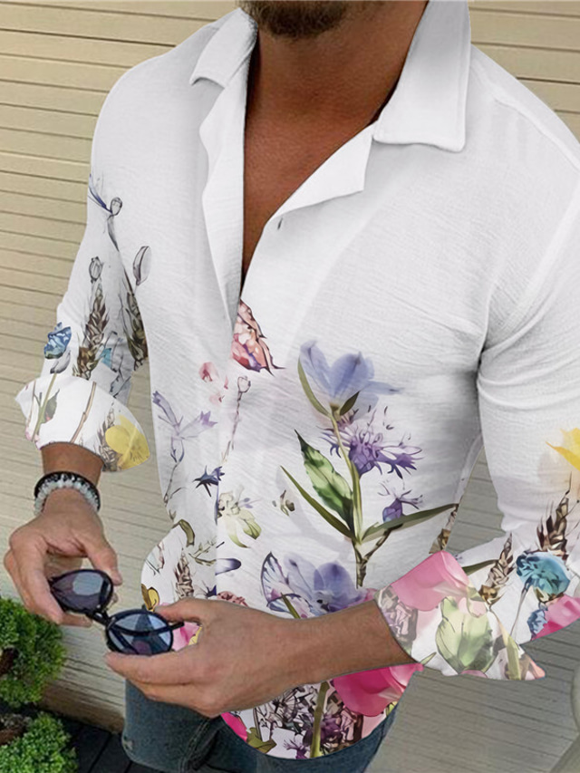  Men's Shirt Graphic Floral Turndown White Yellow Light Green Pink Blue Print Outdoor Casual Long Sleeve Button-Down Print Clothing Apparel Fashion Designer Casual Comfortable