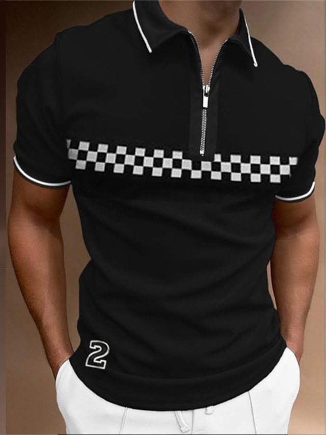  Men's Collar Polo Shirt Golf Shirt Plaid Turndown Green Blue Brown Black 3D Print Street Daily Short Sleeve Zipper 3D Clothing Apparel Fashion Casual Breathable Comfortable / Beach