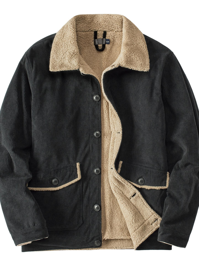  Men's Corduroy Jacket Sherpa jacket Outdoor Winter Coat Warm Casual Jacket Solid Color Green Light Brown Black
