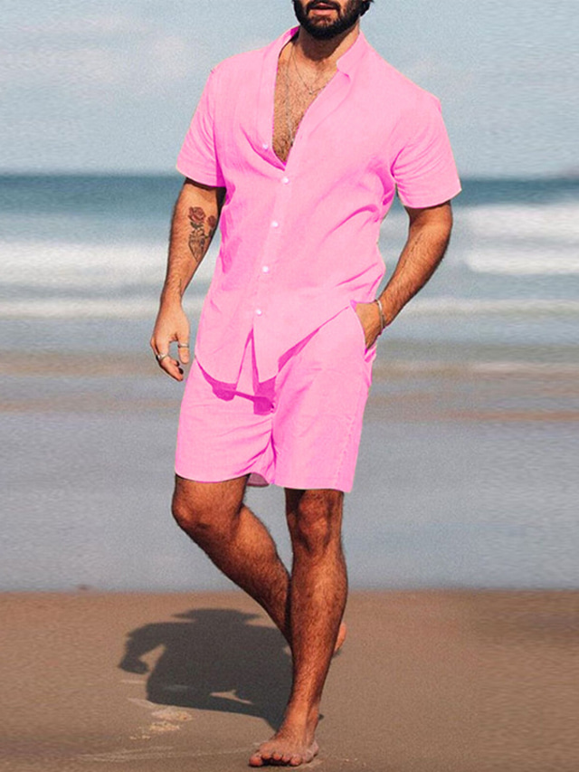  Men's Shirt Linen Shirt 2 Piece Shirt Set Summer Set Pink Purple Khaki Short Sleeve Plain Stand Collar Spring & Summer Hawaiian Holiday Clothing Apparel Pocket
