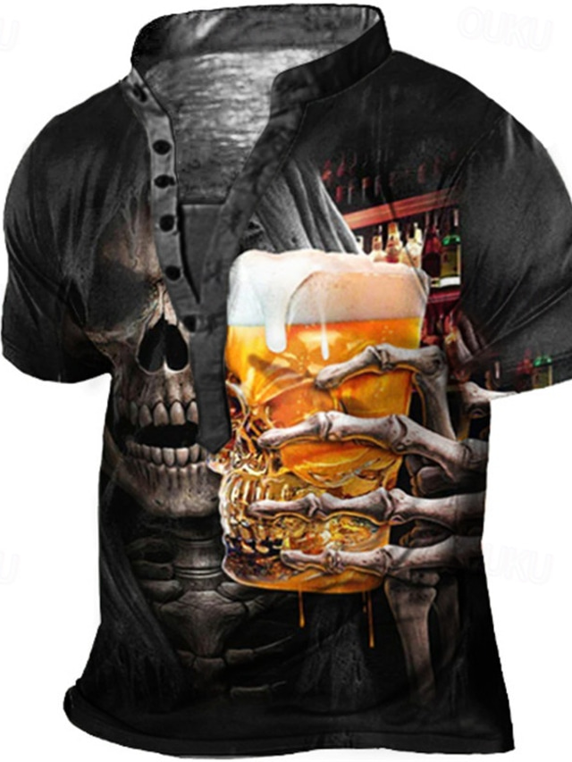  Men's T shirt Tee Henley Shirt Tee Graphic Skull Beer Stand Collar Black 3D Print Plus Size Outdoor Daily Short Sleeve Button-Down Print Clothing Apparel Basic Designer Casual Big and Tall / Summer