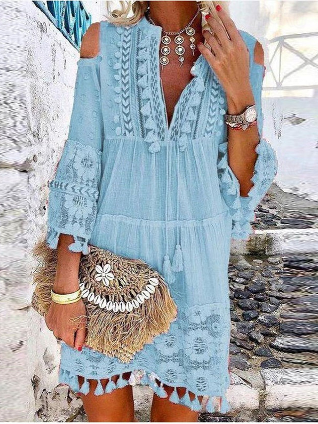  Women's Shift Dress Boho Dress Vacation Casual Pure Color Mini Dress 3/4 Length Sleeve V Neck Tassel Fringe Tassel Hem Cold Shoulder Loose Fit Outdoor Vacation Daily White Yellow Pink Blue Summer