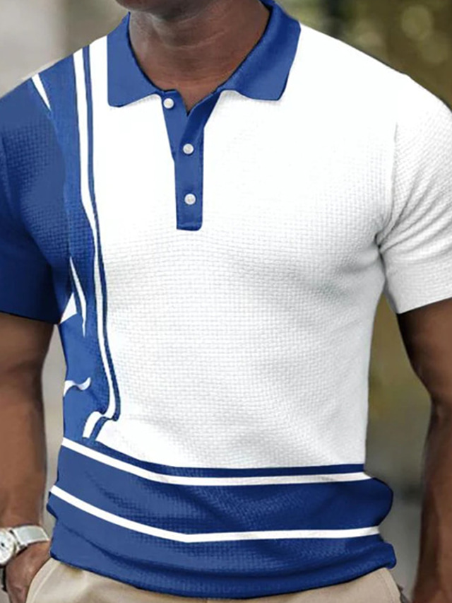  Men's Polo Shirt Golf Shirt Striped Turndown Blue / White Print Street Daily Short Sleeve Button-Down Clothing Apparel Fashion Casual Comfortable