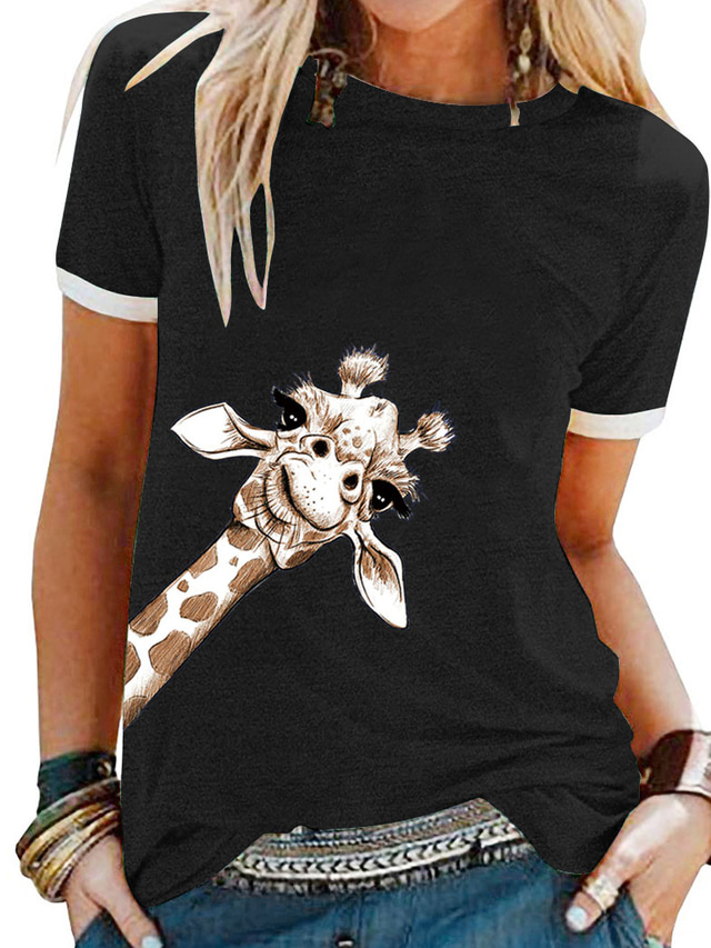  forwelly t-shirt femme girafe imprimé animal été décontracté à manches courtes col rond pull top chemisier noir