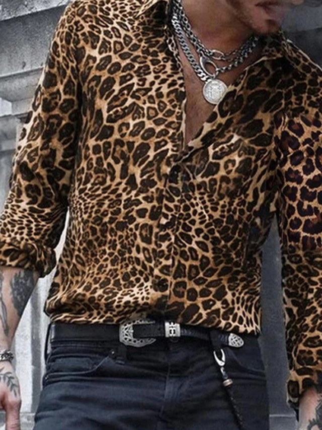  Herre Skjorte Grafisk Leopard Aftæpning Lys Lyserød Blå Brun Grøn Grå Trykt mønster Gade Afslappet Langærmet Knap ned Tøj Designer Åndbart Bekvem