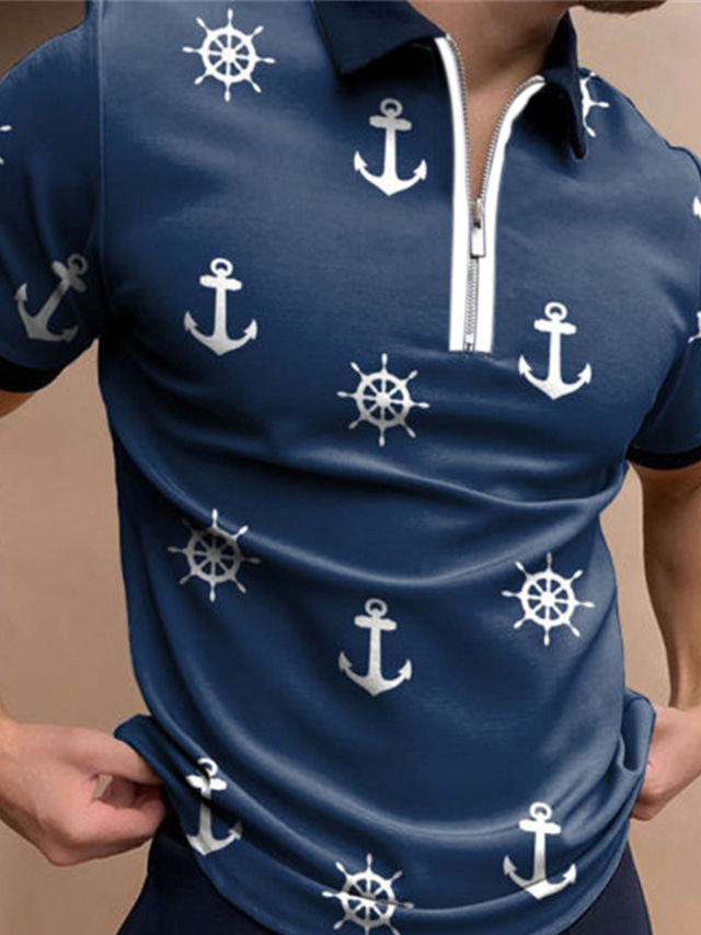  Men's Collar Polo Shirt Zip Polo Golf Shirt Zip Sports Fashion Casual Short Sleeve Navy Blue Rudder Turndown Zip Casual Daily Zipper Clothing Clothes Sports Fashion Casual