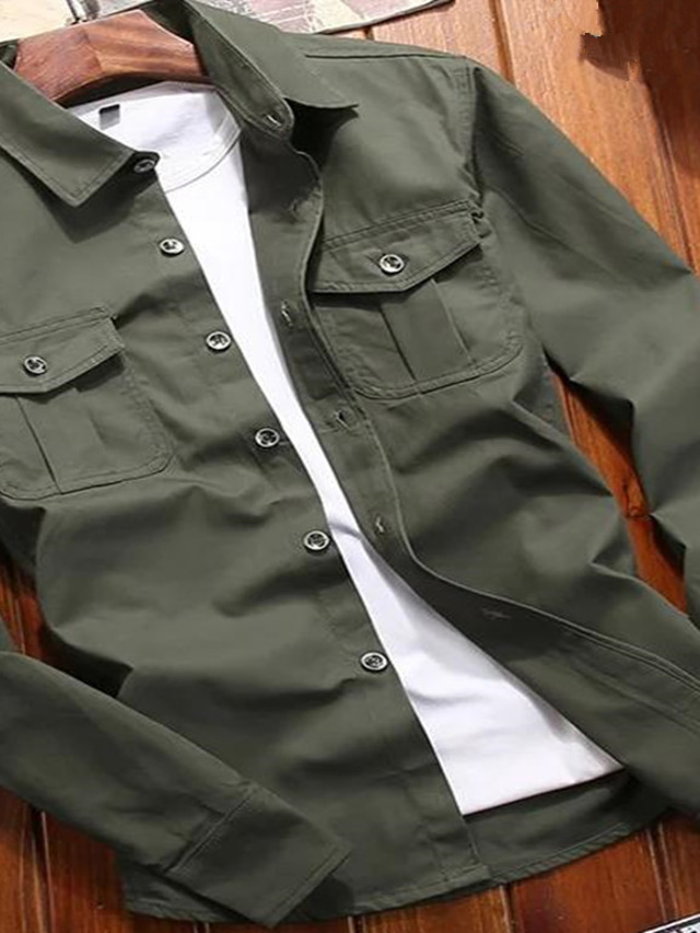  Men's Casual Shirt Button Down Collar Street Work Outdoor Daily Fashion Tops Slim Fit Comfortable Lightweight Army Green Khaki Navy Blue Fall Spring Autumn