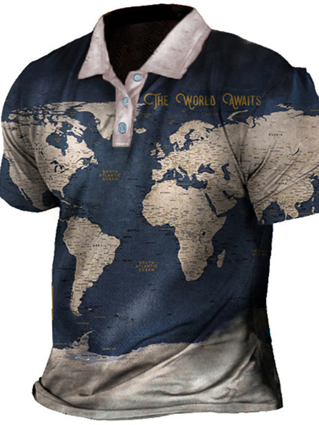  Hombre Camiseta de golf camisa hawaiana Aloha Mapa Cuello Vuelto Calle Casual Abotonar Manga Corta Tops Design Casual Moda Transpirable Azul Piscina