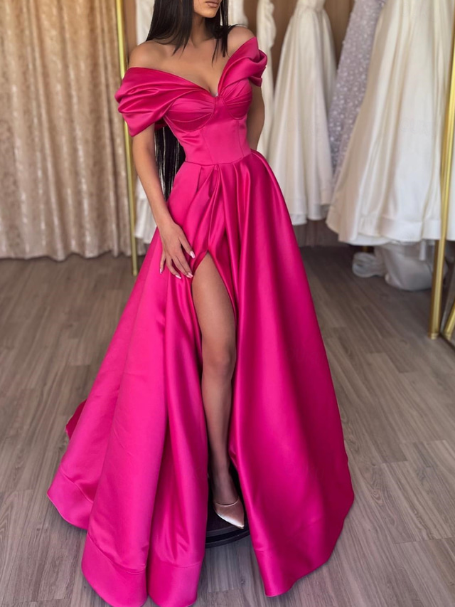  A-Line Evening Gown Sexy Dress Wedding Guest Prom Floor Length Short Sleeve Off Shoulder Satin with Slit Pure Color 2025