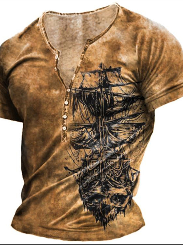  Men's T shirt Tee Henley Shirt Tee Graphic Rudder Henley Brown 3D Print Plus Size Outdoor Daily Short Sleeve Button-Down Print Clothing Apparel Basic Designer Casual Big and Tall / Summer / Summer