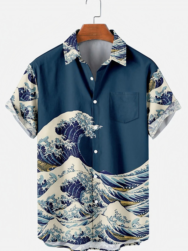  Men's Shirt Graphic Shirt Summer Shirt Waves Turndown Blue 3D Print Street Daily Short Sleeve 3D Button-Down Clothing Apparel Fashion Designer Casual Breathable