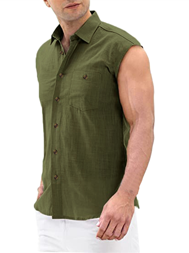  Homens Camisa Social camisa de botão Camisa casual camisa de verão Preto Verde Tropa Azul Cáqui Sem Manga Listrado Cor Sólida Aberto para a Lateral Ao ar livre Rua Botão para baixo Roupa Moda Roupa