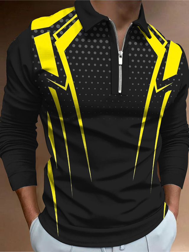  Homme POLO T Shirt golf Géométrie Col rabattu Jaune 3D effet Extérieur Plein Air Manches Longues Zippé Imprimer Vêtement Tenue Mode Design Casual Respirable