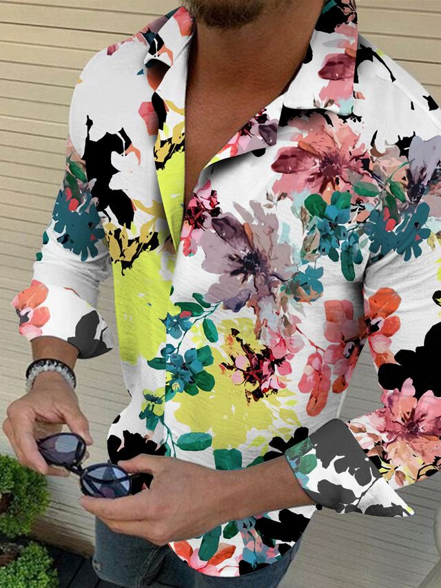  Herr Skjorta Grafisk Blommig Nedvikt Vit Blå Purpur Grå Tryck Utomhus Ledigt Långärmad Button-Down Mönster Kläder Mode Designer Ledigt Bekväm