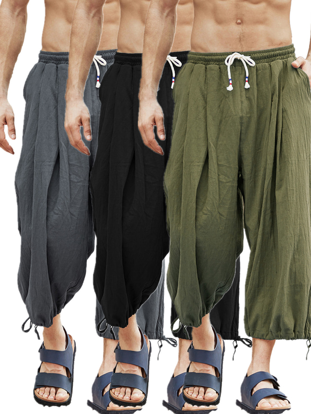  Men's Trousers Baggy Wide Leg Pocket Leg Drawstring Chinese Style Casual / Sporty Casual Beach Micro-elastic Comfort Breathable Moisture Wicking Solid Color Mid Waist Black Gray Army Green M L XL