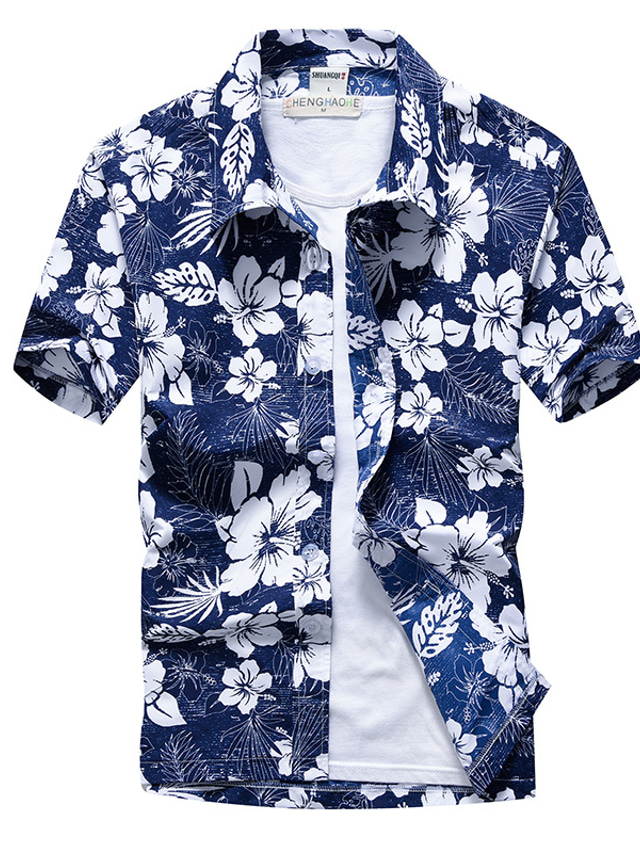  قميص رجالي من صن لورنس كاجوال مطبوع سريع الجفاف من هاواي بيتش بأكمام قصيرة أزرق أبيض XL
