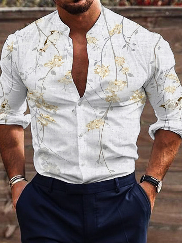  Men's Shirt Graphic Floral Stand Collar Light Pink White Light Blue Long Sleeve Print Outdoor Street Button-Down Print Tops Fashion Designer Casual Breathable / Summer
