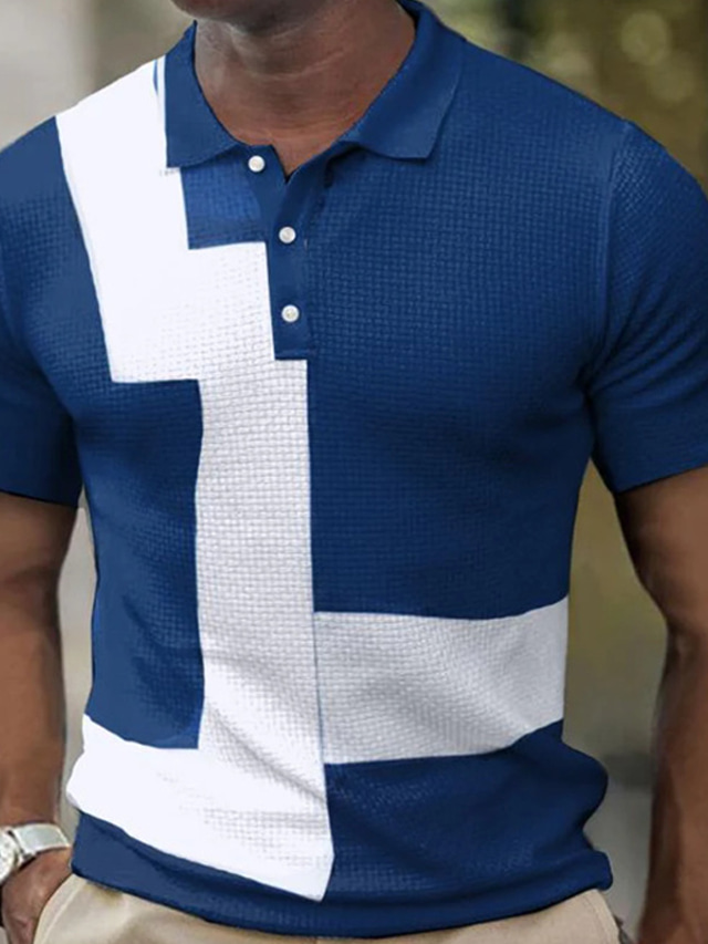  Herr POLO Shirt Stickad Polo Golftröja Färgblock Nedvikt Marinblå Tryck Gata Dagligen Kortärmad Button-Down Kläder Mode Ledigt Bekväm