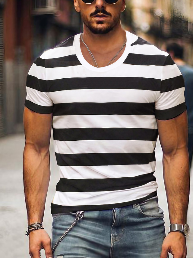  男性用 Tシャツ クールなシャツ ストライプ Ｖネック プリント ストリート カジュアル 半袖 衣類 ファッション クラシック 黒と白 快適