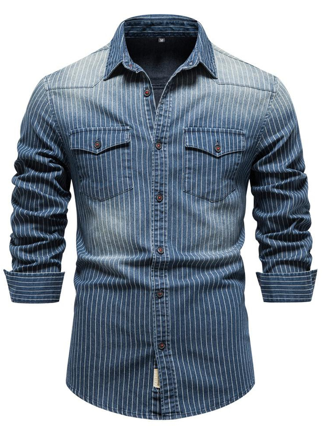  Men's Denim Shirt Solid Color Long Sleeve Tops Black Navy Blue