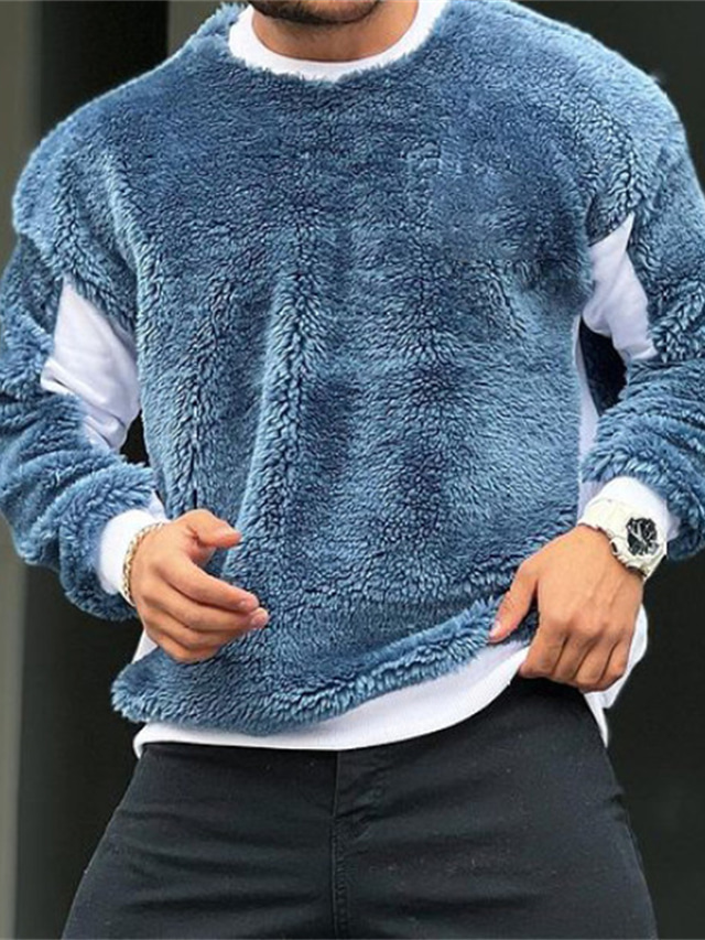  Men's Fuzzy Sherpa Sweatshirt Pullover Green Blue Gray Black Crew Neck Solid Color Patchwork Going out Streetwear Cool Casual Winter Fall & Winter Clothing Apparel Hoodies Sweatshirts  Long Sleeve