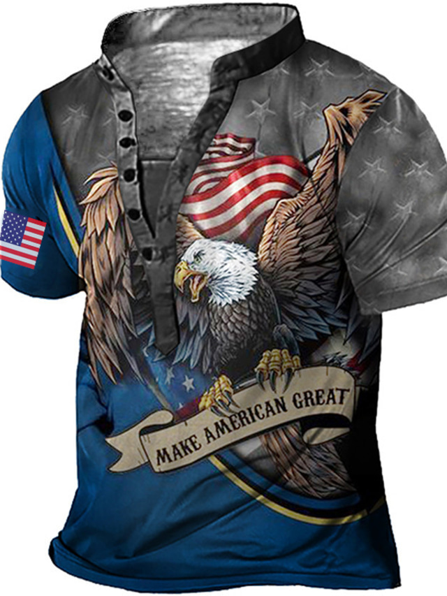  Men's Henley Shirt Tee T shirt Tee Designer Summer Short Sleeve Graphic Eagle Print Plus Size Stand Collar Daily Sports Button-Down Print Clothing Clothes Designer Basic Casual Blue