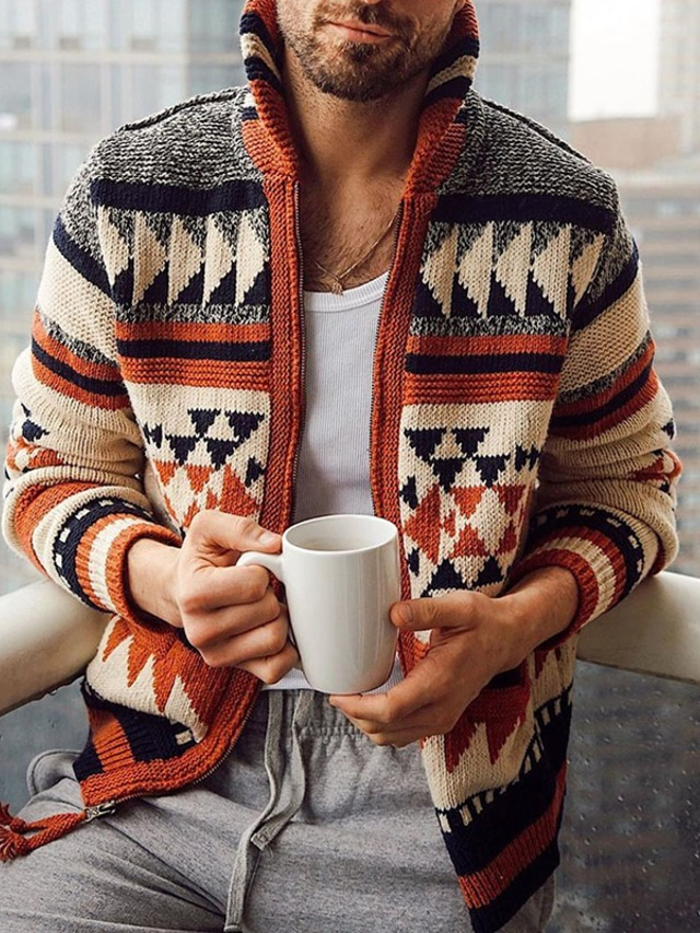  Men's Cardigan Sweater Knit Knitted Print Print Turtleneck Casual Outdoor Clothing Apparel Fall Winter Black Light Brown M L XL / Long Sleeve