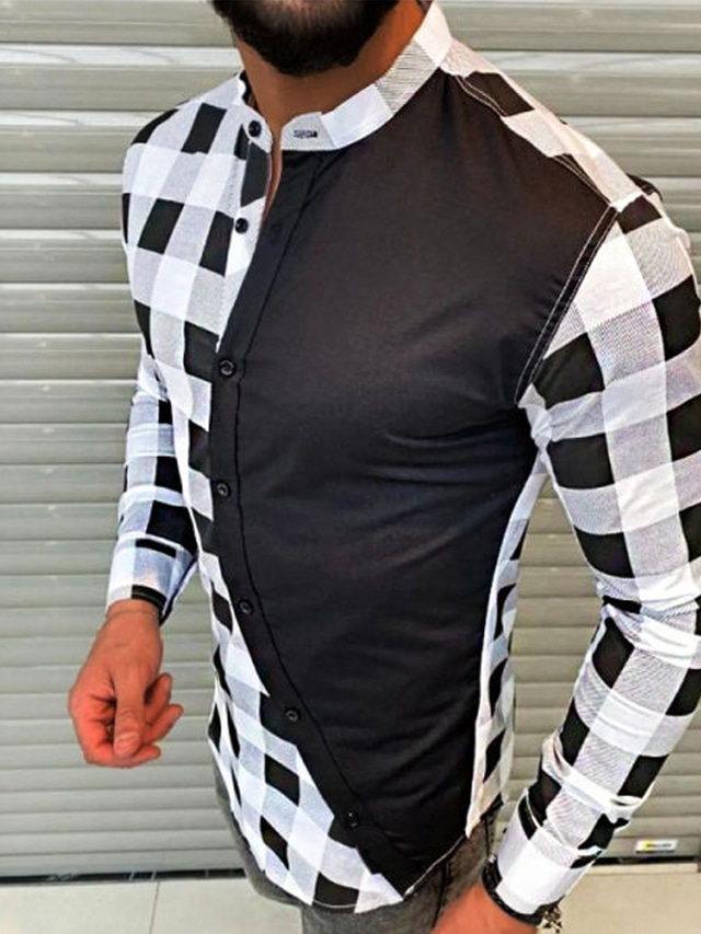  男性用 シャツ チェック スタンド ストリート 日常 ボタンダウン 長袖 トップの カジュアル ファッション 快適 ブラック / ビーチ
