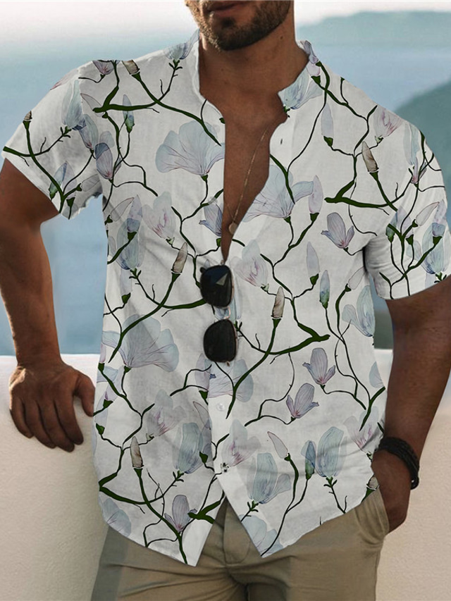  男性用 シャツ プリント フラワー グラフィック スタンド カジュアル 日常 ボタンダウン プリント 半袖 トップの デザイナー カジュアル ファッション 快適 グレー