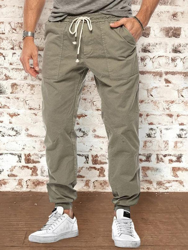  Men's Basic Essential Casual Jogger woven Elastic Drawstring Design Full Length Pants Solid Color Mid Waist ArmyGreen khaki M L XL 2XL 3XL