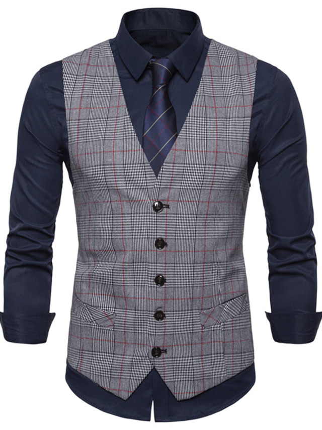  Men's Vest Windproof Quick Dry Wedding Business Daily Single Breasted V Neck Business Casual Jacket Outerwear Plaid / Check Pocket Light Grey Dark Gray Coffee / Winter / Winter / Sleeveless / Work