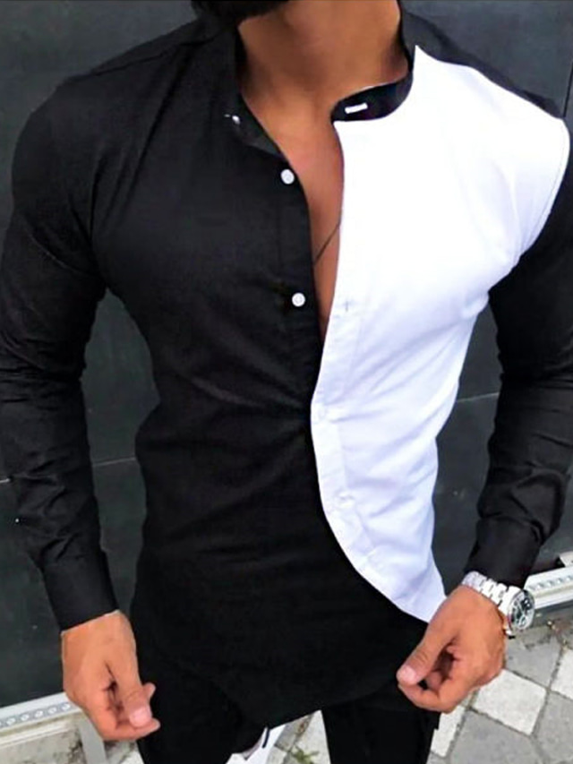  男性用 シャツ カラーブロック スタンド ブラック / ホワイト アーミーグリーン 白 + グレー ストリート 日常 長袖 ボタンダウン 衣類 ファッション カジュアル 快適