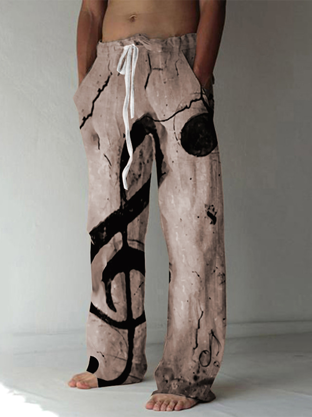  Men's Linen Pants Baggy Beach Pants 3D Print Elastic Drawstring Design Front Pocket Fashion Streetwear Big and Tall Casual Daily For Vacation Comfort Soft Graphic Prints Mid Waist 3D Print Khaki S M L