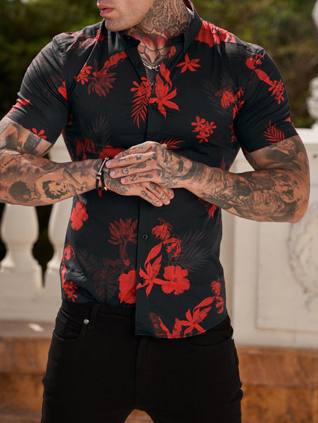  Men's Shirt Print Graphic Turndown Street Daily 3D Button-Down Short Sleeve Tops Designer Casual Fashion Comfortable Black and Red
