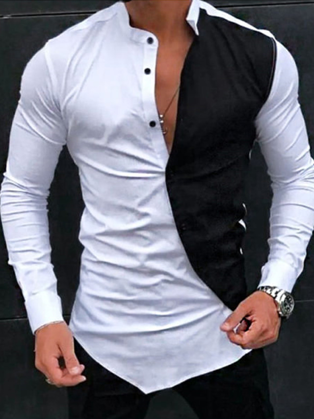  Men's Shirt Color Block Stand Collar Black / White Street Daily Long Sleeve Button-Down Clothing Apparel Fashion Casual Comfortable / Beach