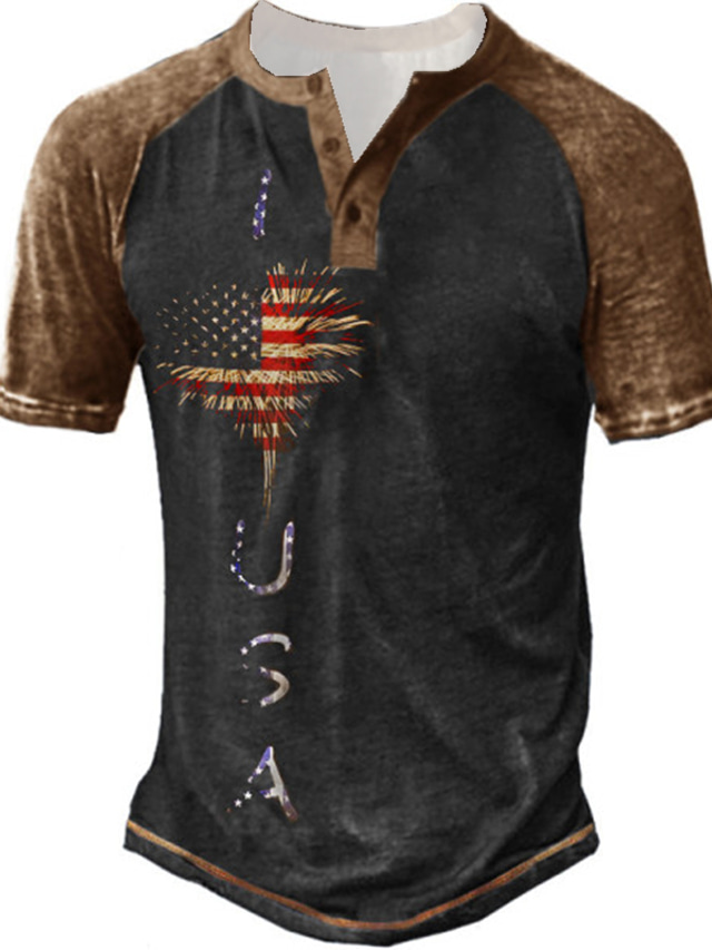  Men's Henley Shirt Tee T shirt Tee Designer Summer Short Sleeve Graphic American Flag Print Plus Size Henley Daily Sports Patchwork Button-Down Clothing Clothes Designer Basic Casual Green Black Blue