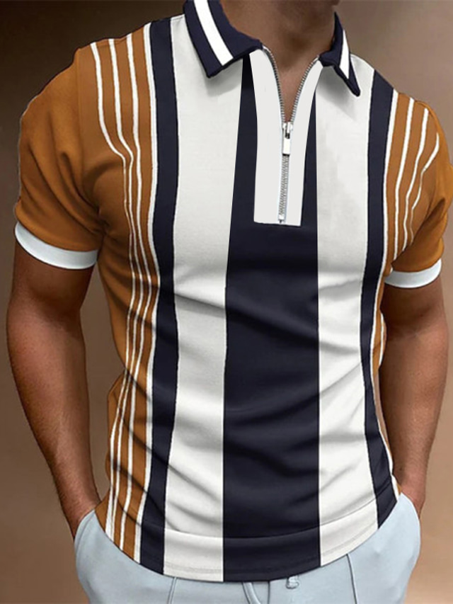  Men's Golf Shirt Striped Turndown Casual Daily Zipper Short Sleeve Tops Fashion Classic Breathable Yellow