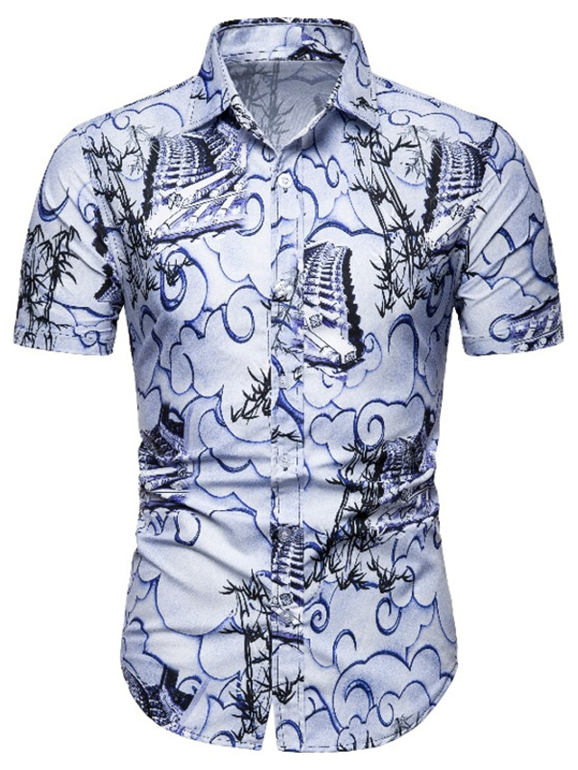  Men's Shirt Print Graphic Turndown Street Daily 3D Button-Down Short Sleeve Tops Designer Casual Fashion Comfortable Blue / White