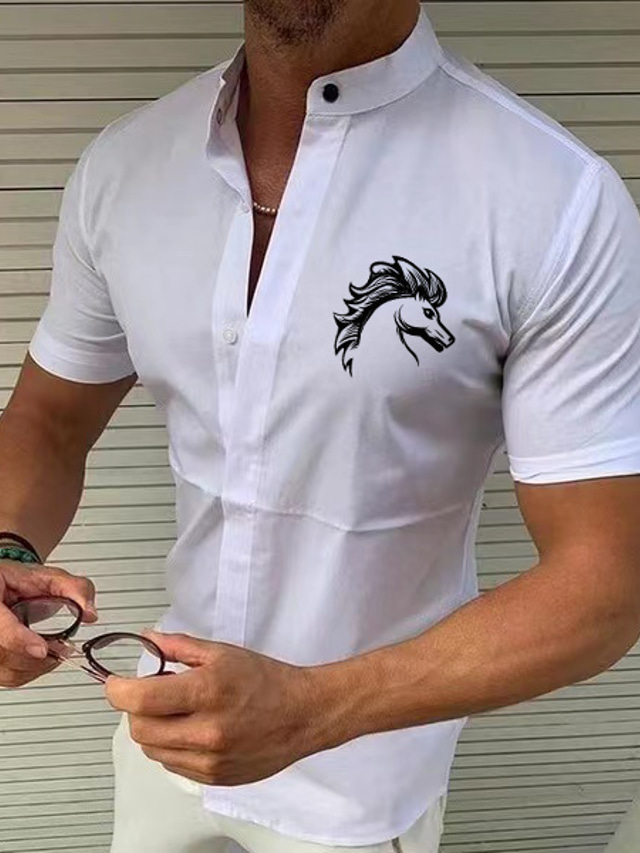  Men's Shirt  Solid Color Horse Standing Collar Street Casual Button-Down Print Half Sleeve Tops Designer Casual Fashion Breathable A C White / Summer / Spring / Summer