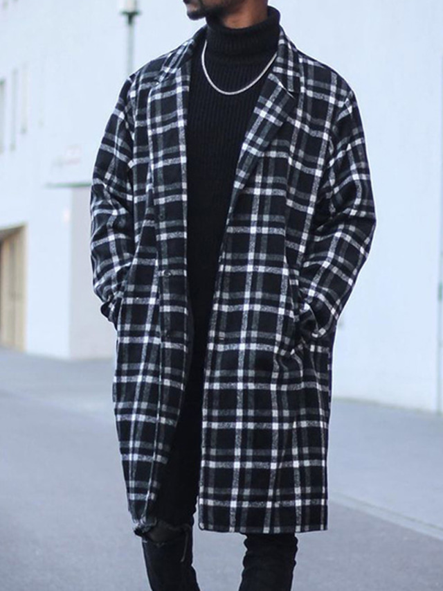  Men's Coat Peacoat Long Winter Stripes and Plaid Pocket Stylish Casual Daily Holiday Going out Windproof Warm Black