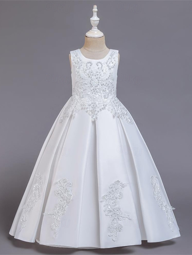  Blumenmädchenkleid Mädchen Kleid Abendkleid Party Kleid Hochzeit Party Besondere Anlässe Kuschelig Prinzessin Bestickt Schleife Einfarbig Ärmellos Rundhalsausschnitt Weiß Champagner 4-13 Jahre