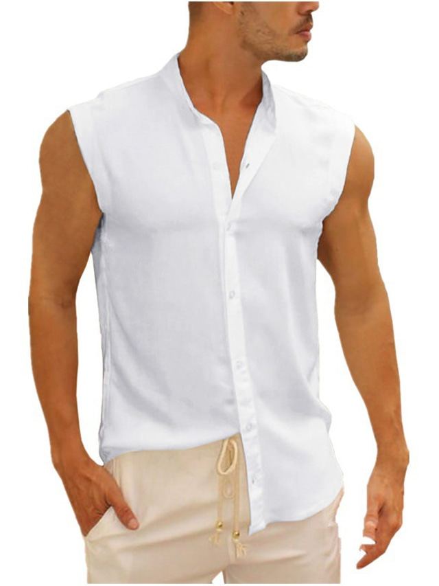  Homens Camisa Social Côr Sólida Colarinho Chinês Rua Casual Botão para baixo Sem Manga Blusas Casual Moda Respirável Confortável Branco Preto Cinzento