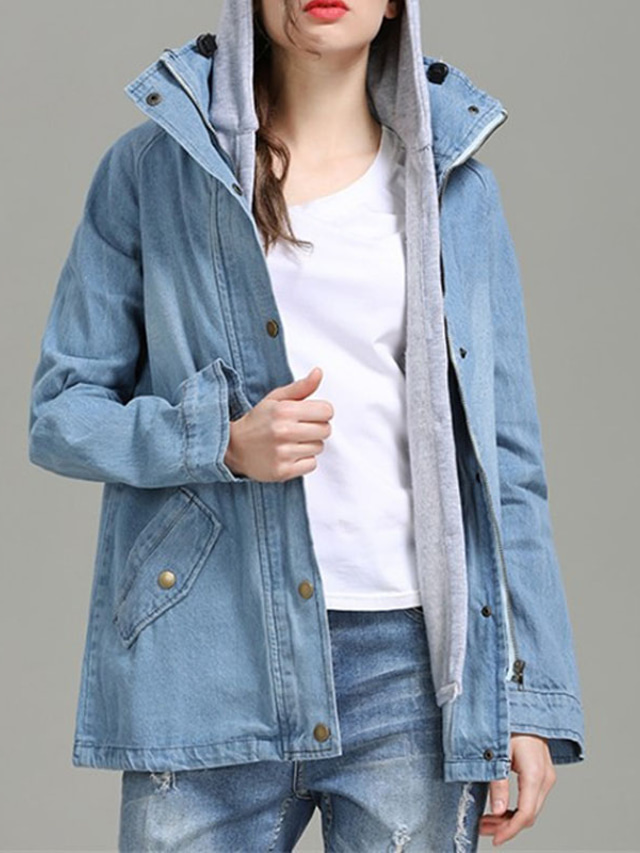  Women's Denim Jacket Regular Full Zip Stylish Pocket Coat Blue Casual Street Fall Single Breasted Hoodie Regular Fit M L XL XXL 3XL 4XL