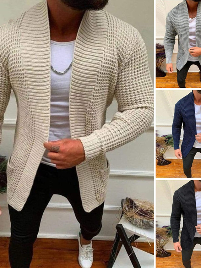  Men's Sweater Cardigan Sweater Ribbed Knit Cropped Knitted Solid Color V Neck Basic Stylish Outdoor Daily Clothing Apparel Fall Winter Blue Beige S M L / Long Sleeve / Long Sleeve