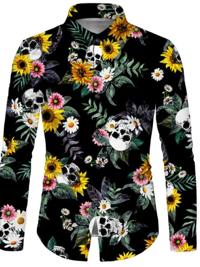 Men's Shirt Floral Skull Turndown Black Long Sleeve 3D Print Outdoor Halloween Button-Down Print Tops Vintage Casual Retro Breathable